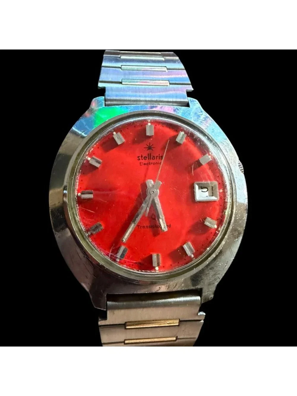 Vintage Stellaris Mens Watch With Red Dial & Two-Tone Stainless Steel Band Date